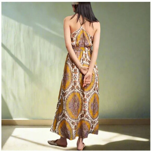 Anthropologie Maxi Halter Neck Dress Large Womens Yellow Gold Chiffon Belted - Picture 6 of 12